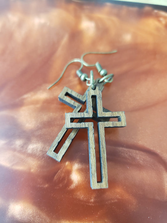 Old Wooden Cross Wood Earrings