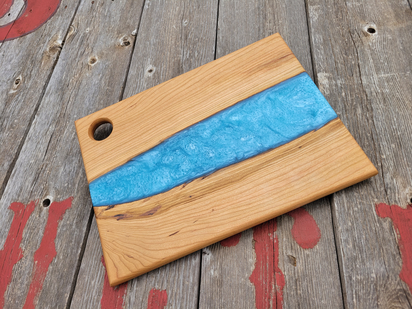 Cherry Wood and Sky Blue Epoxy Charcuterie Board
